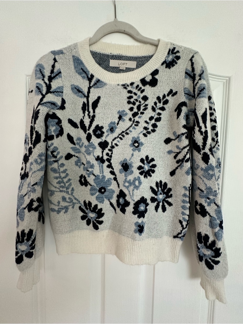 LOFT Cream, Light Blue & Black Floral Crewneck Sweater